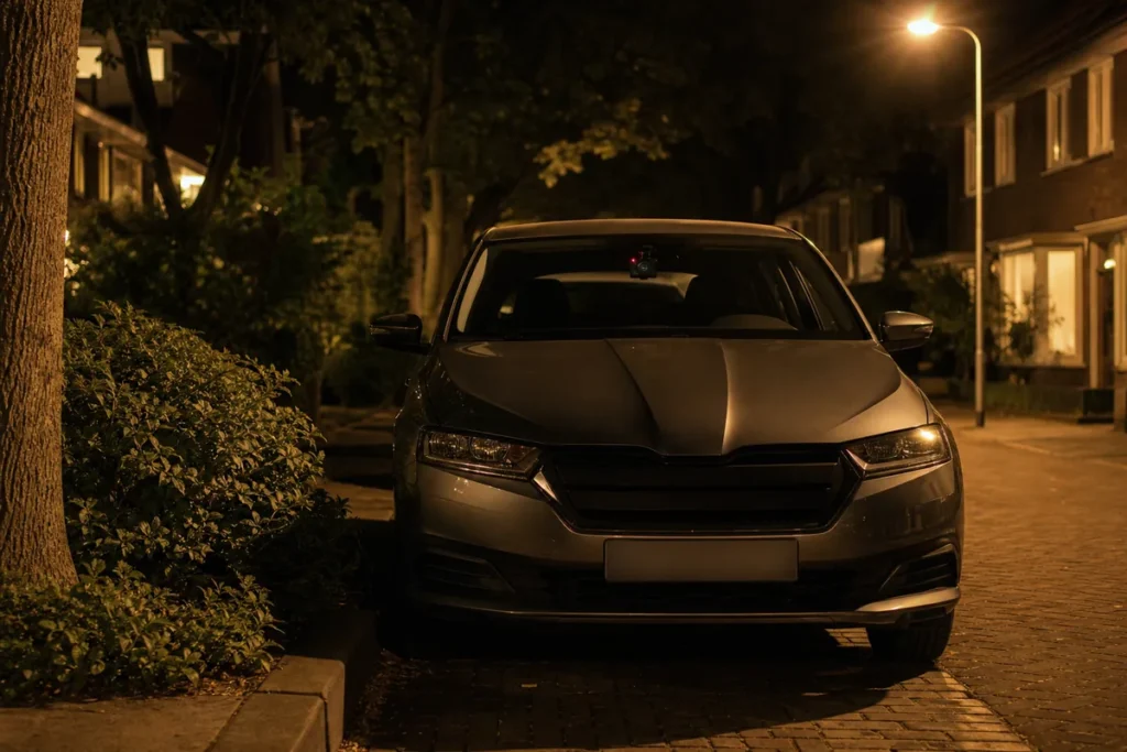 Geparkeerde auto 's nachts in een woonstraat met een dashcam achter de voorruit