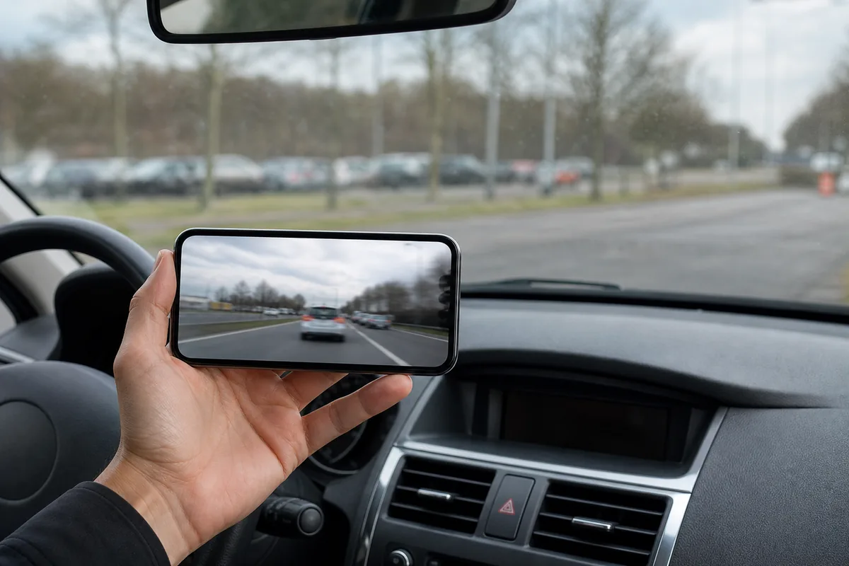 Smartphone met dashcambeelden in een geparkeerde auto
