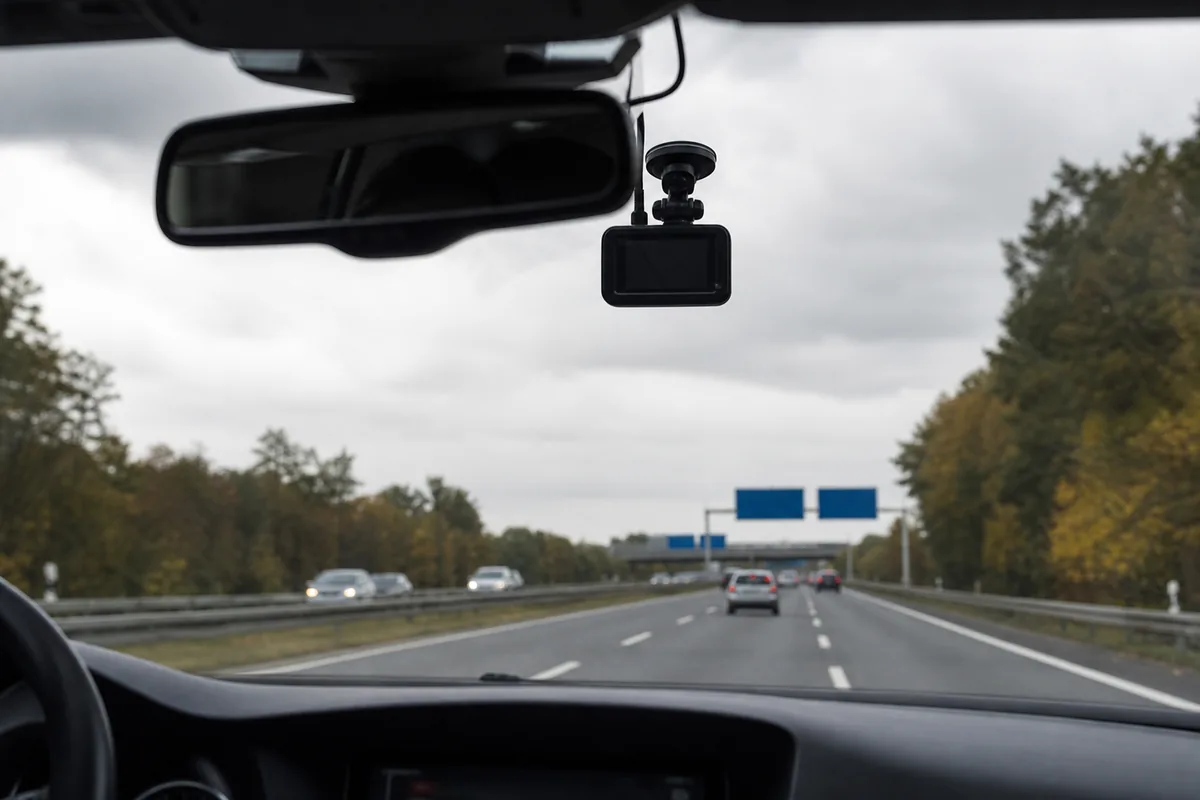 Zicht vanuit de auto op een Duitse snelweg met een dashcam achter de binnenspiegel