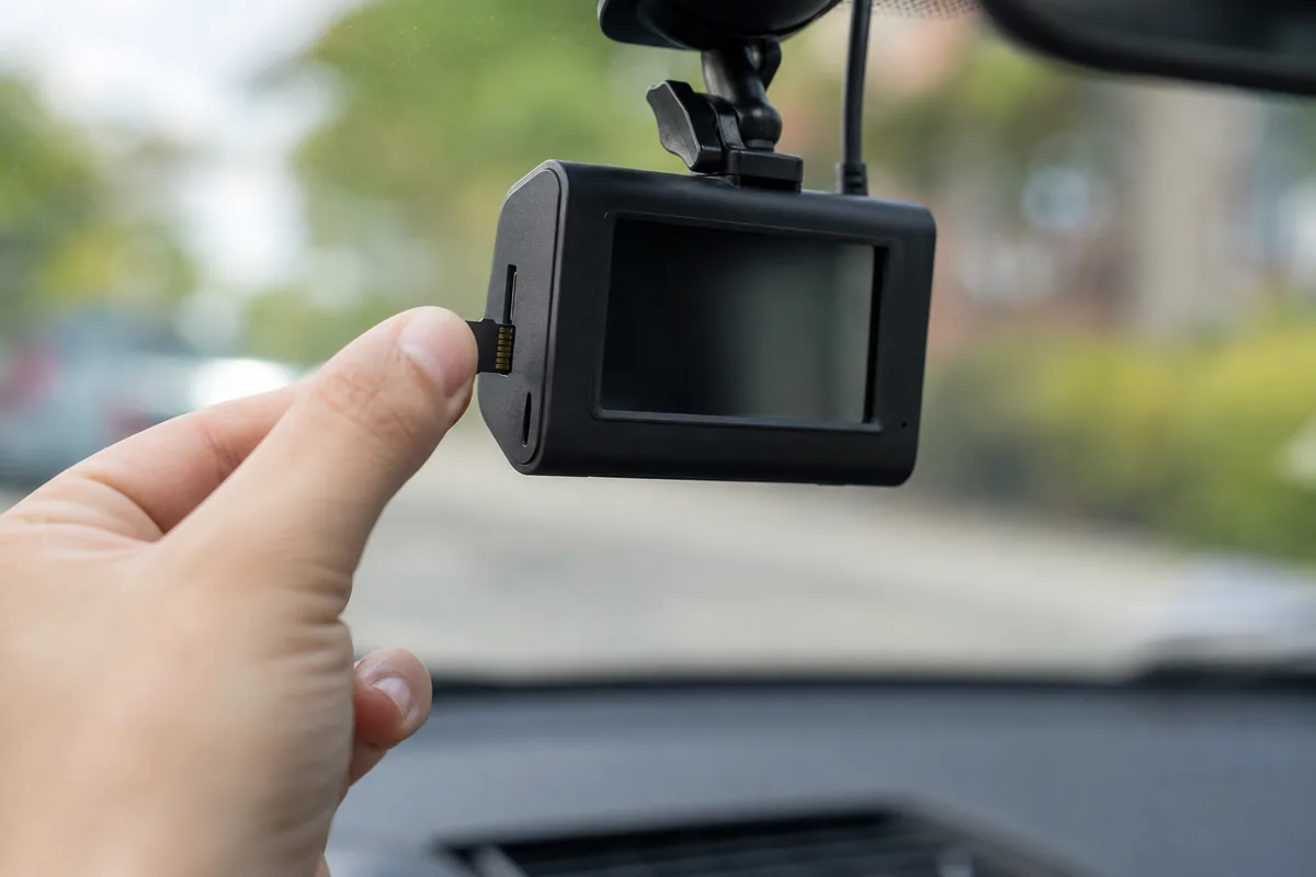 Een microSD-geheugenkaart wordt in een dashcam geplaatst