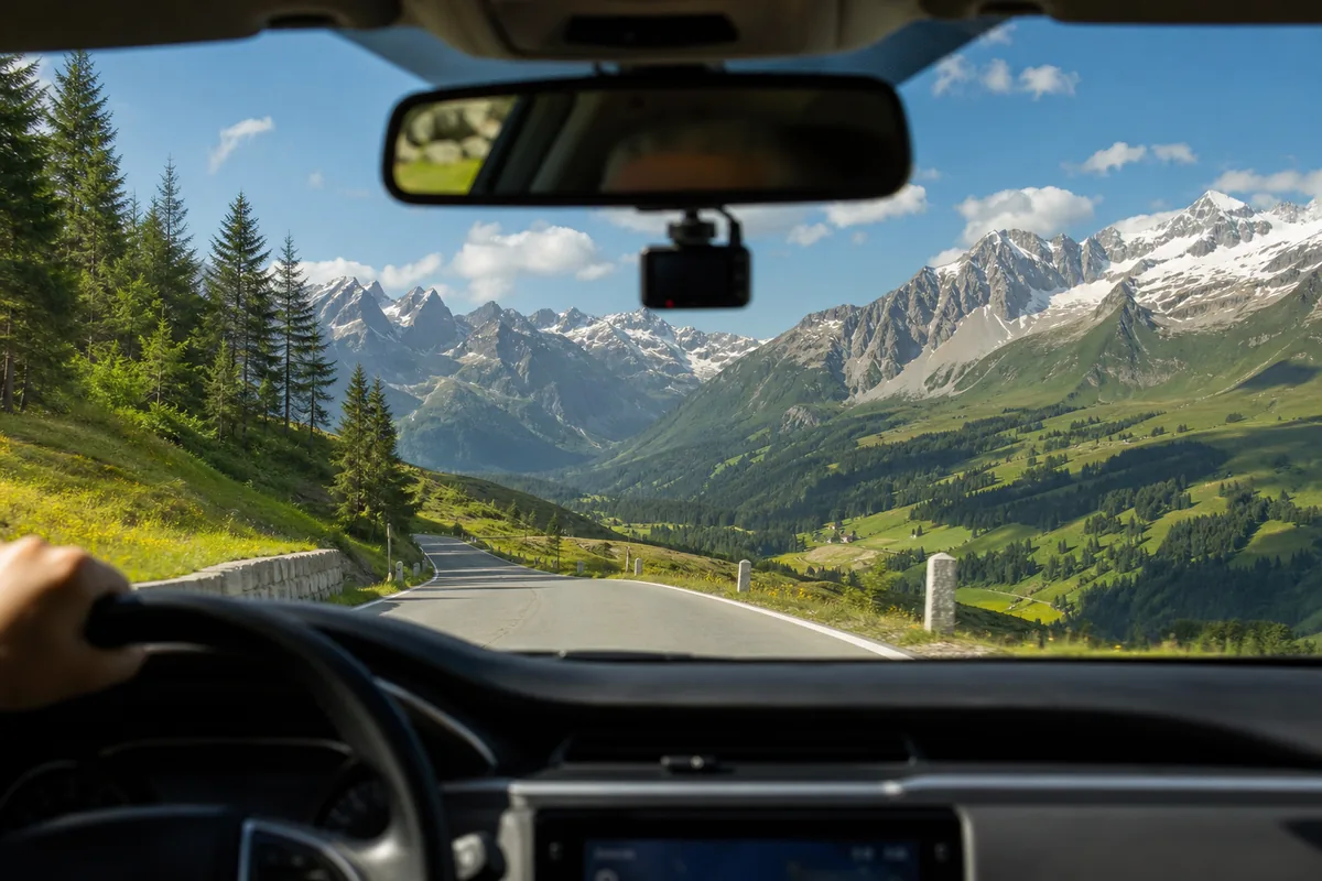 Autovakantie op een bergweg in de Alpen, gezien vanuit de auto met een dashcam
