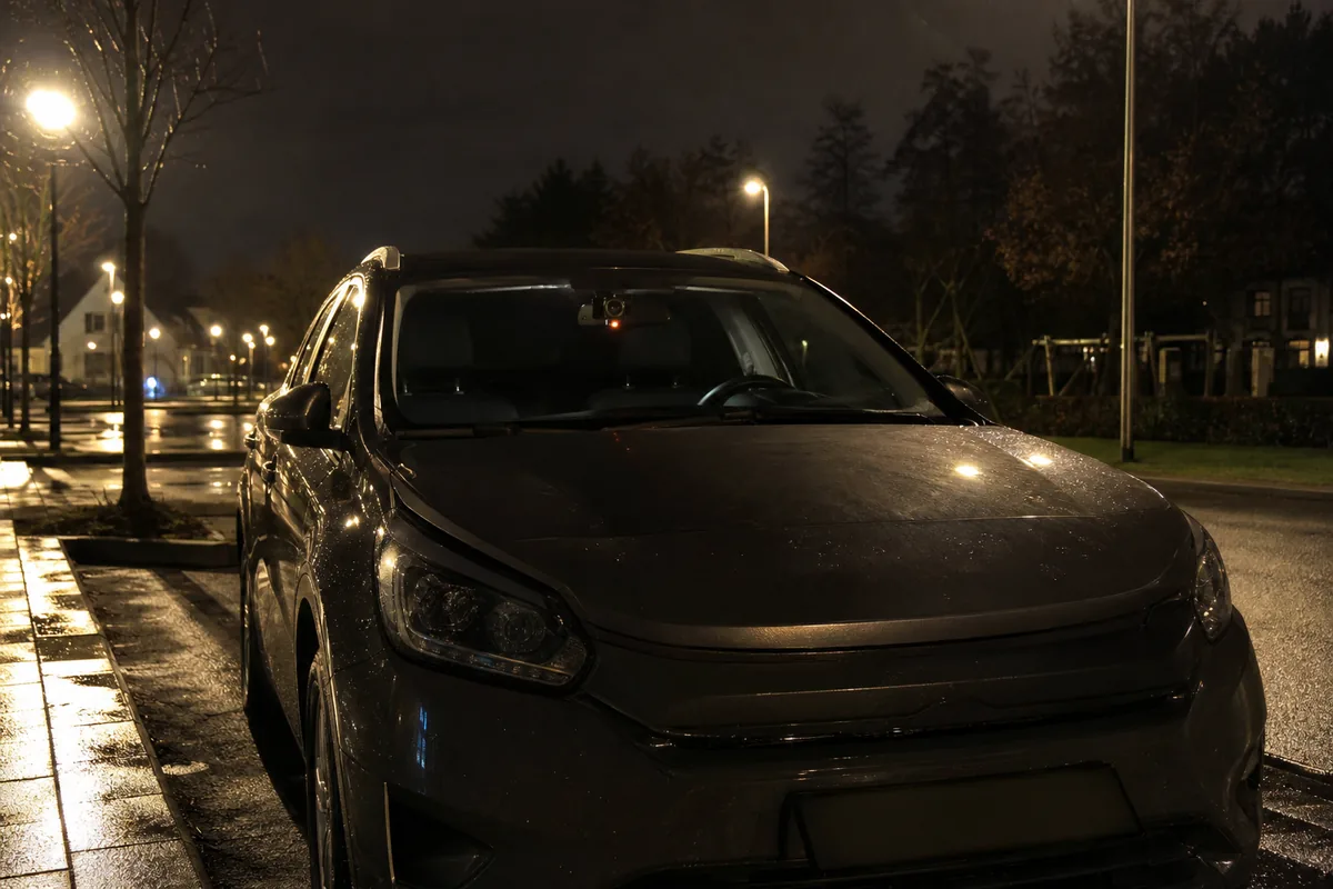 Geparkeerde auto 's nachts met een dashcam achter de voorruit