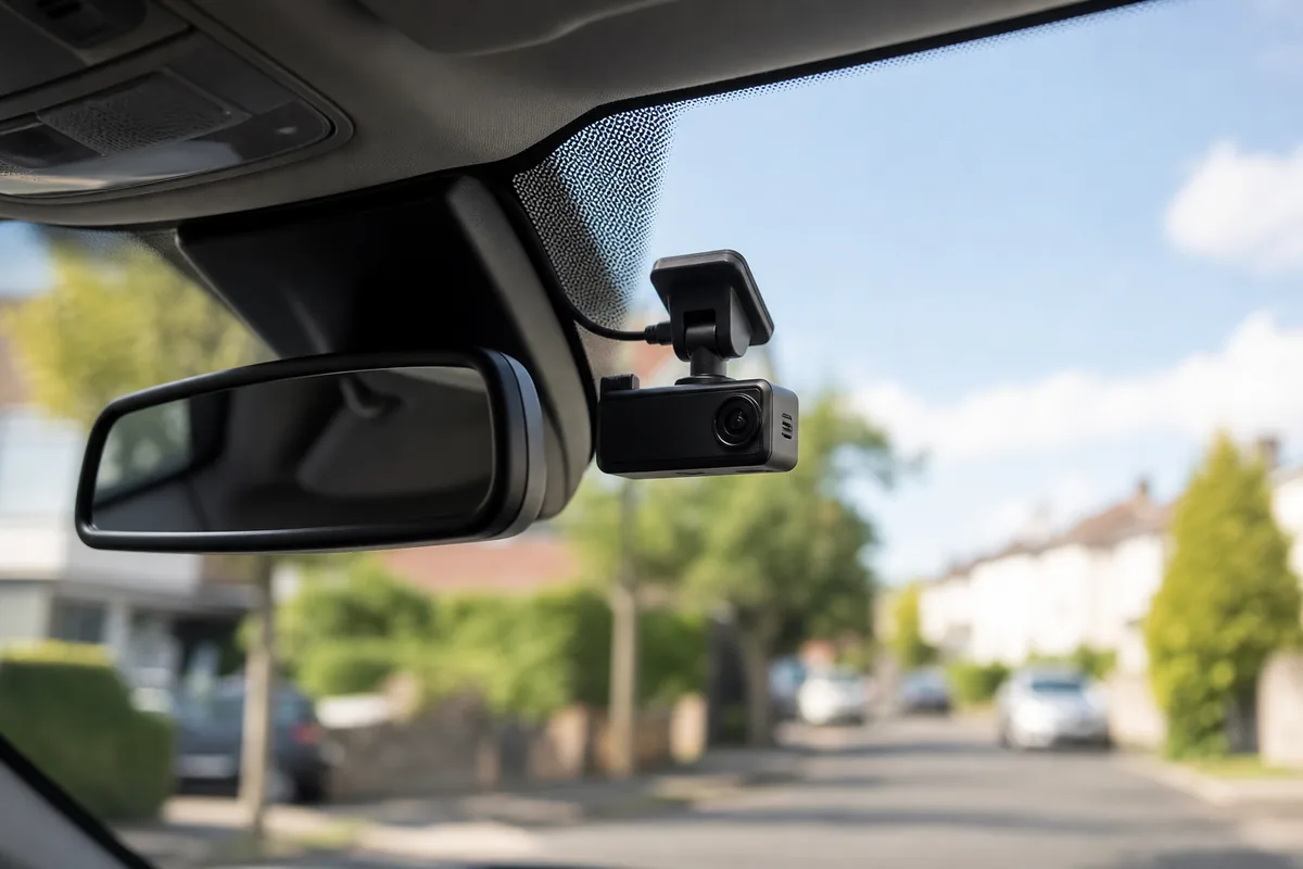 Dashcam netjes geplaatst achter de binnenspiegel met weggewerkte kabel