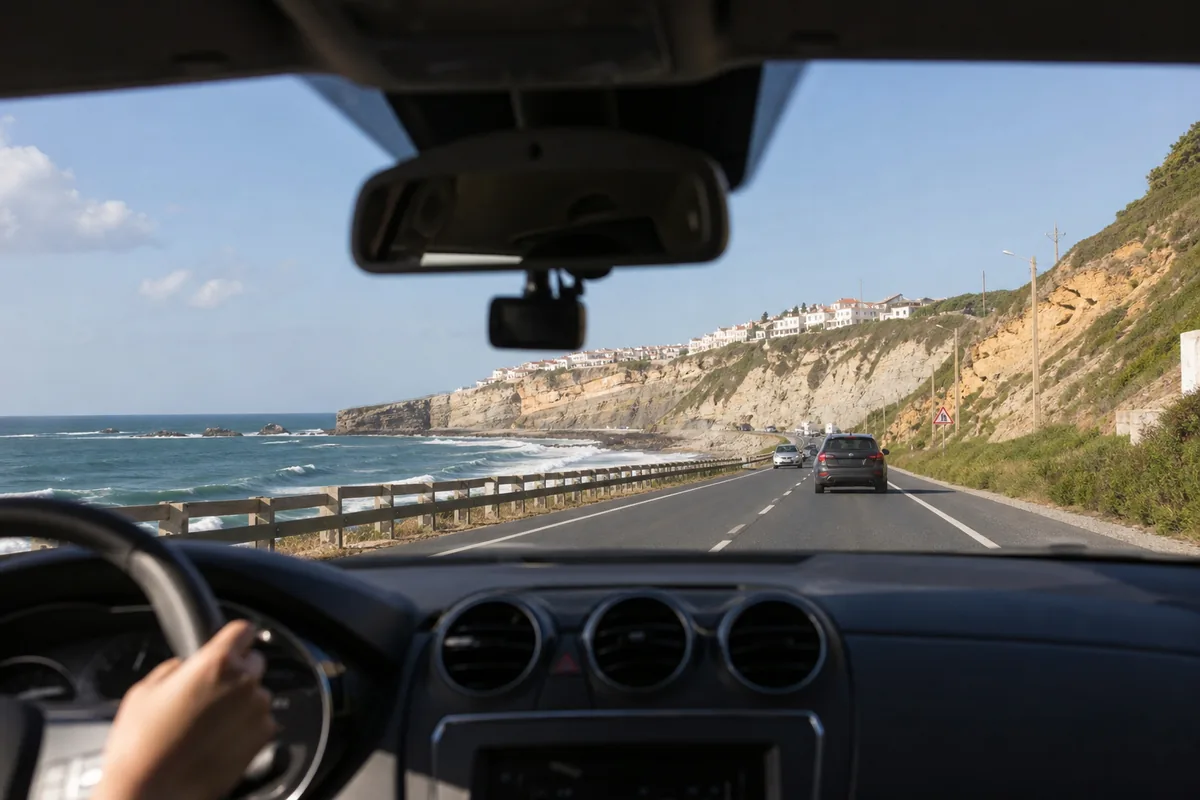 Kustweg in Portugal gezien vanuit de auto, met een dashcam achter de binnenspiegel