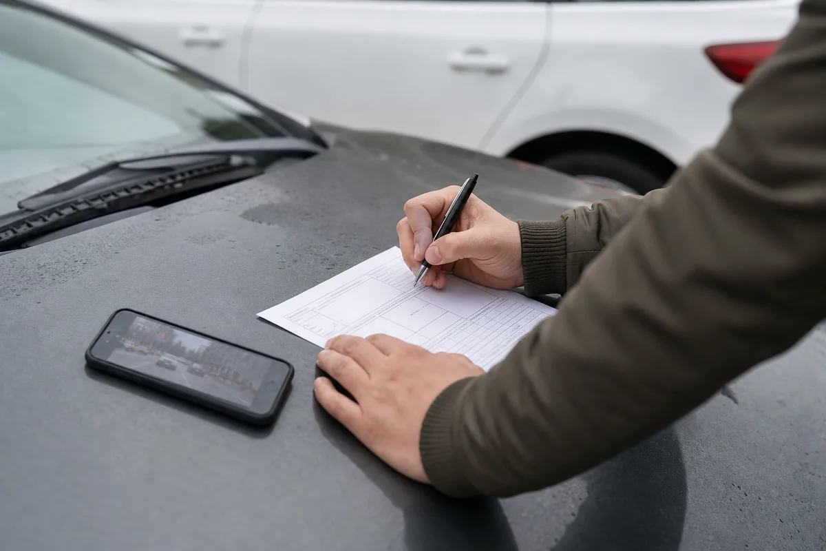 Een schadeformulier wordt ingevuld op de motorkap, met dashcambeelden op een smartphone ernaast