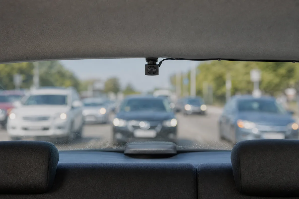 Een kleine achtercamera bovenaan de achterruit van een auto