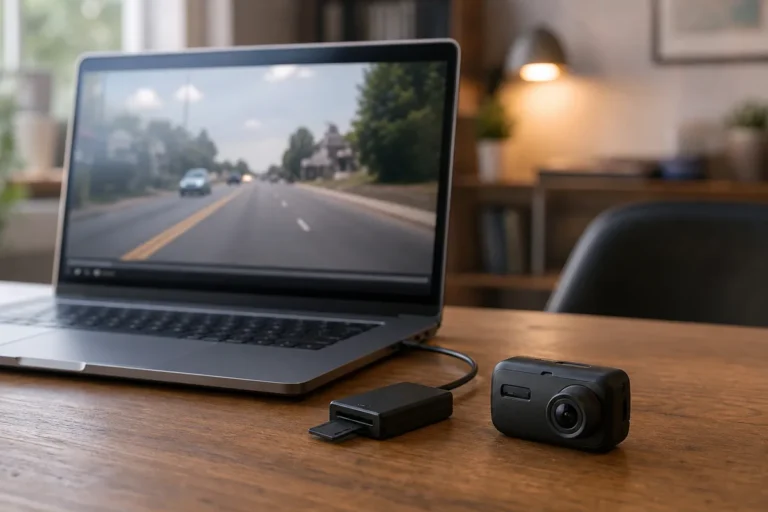 Laptop met dashcambeelden en een kaartlezer met geheugenkaart