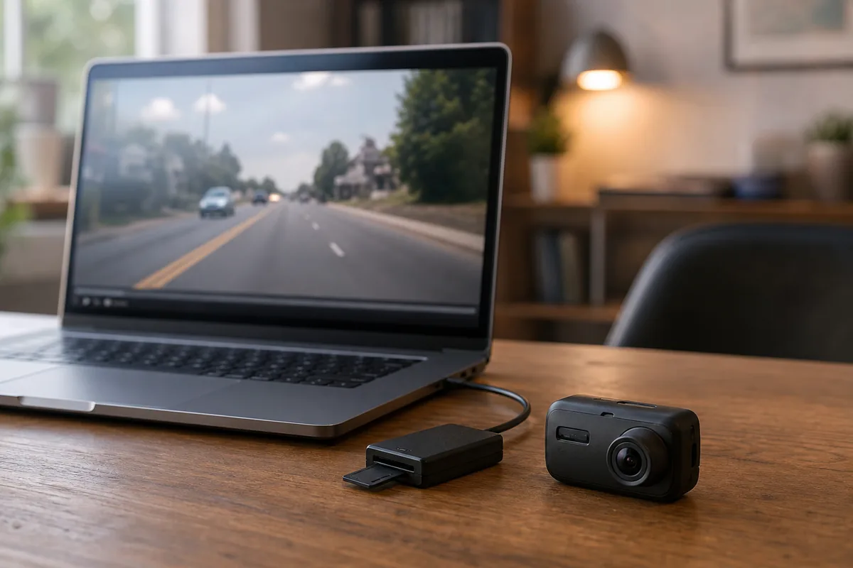 Laptop met dashcambeelden en een kaartlezer met geheugenkaart