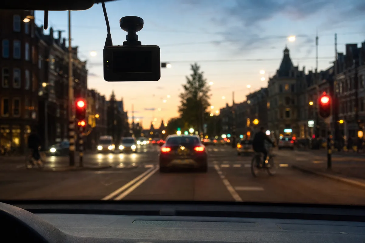 Dashcam achter de voorruit met druk stadsverkeer in de schemering