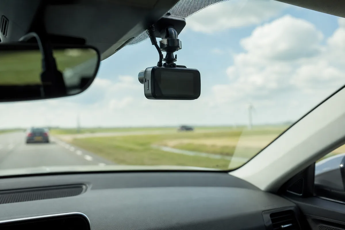 Een kleine dashcam op de voorruit van een auto met de weg op de achtergrond