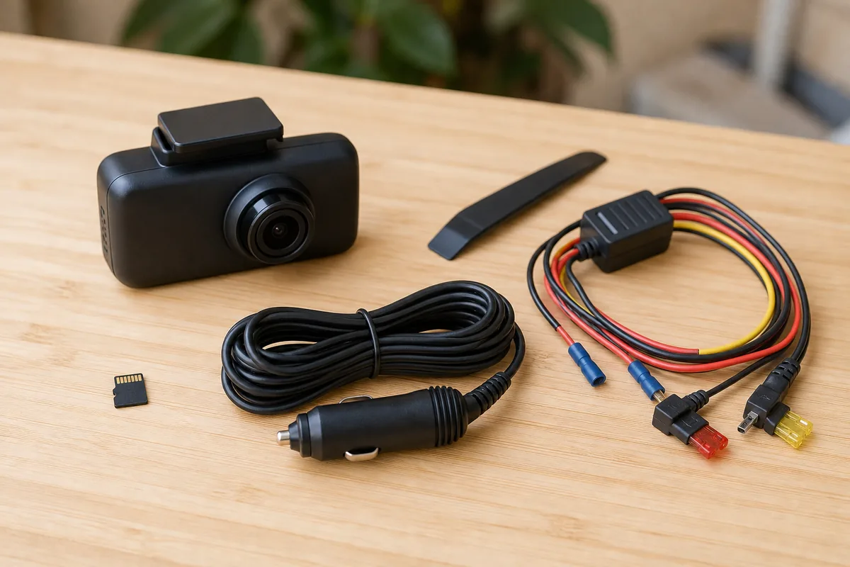Een dashcam met geheugenkaart, stroomkabel en hardwire-kit op tafel