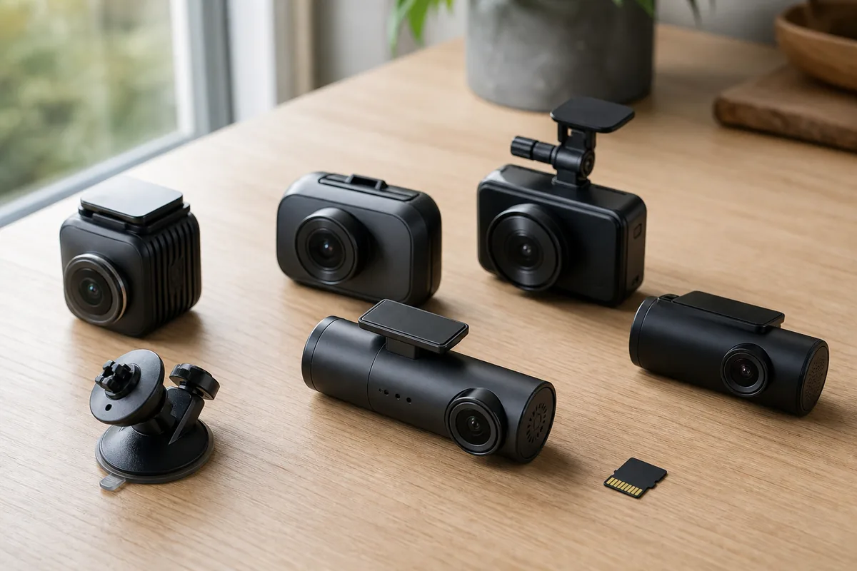 Verschillende dashcams naast elkaar op tafel met een geheugenkaart en houder